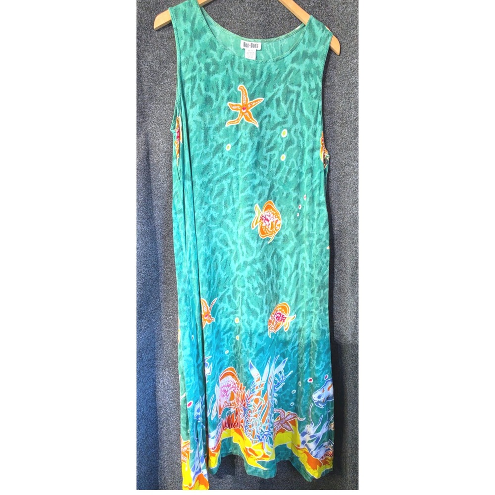 Vintage Dee-Dee's Beachy Tropical Fish Maxi Dress 1X Rayon Mermaidcore Teal